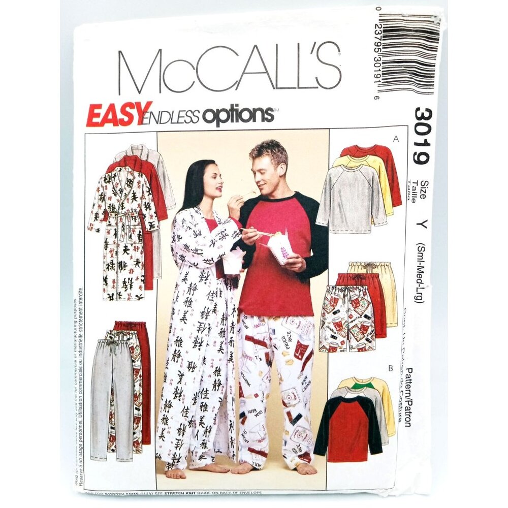 McCalls Pattern 3019 Size Y Misses Men Teen Boy Robe Top Pants Shorts PJs Uncut